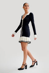 Pareesa Contrast Frill Mini Dress - Black
