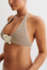 Rhiannon Floral Crochet Halter Bikini Top - Taupe/White