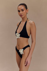 Rhiannon Floral Crochet Halter Bikini Top - Black And White