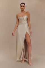 Larissa Satin Maxi Dress With Ruched Petals - Blush Gold