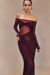 Nash Diamante Off Shoulder Maxi Dress - Mahogany