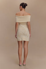 Mallory Off Shoulder Embroidered Knit Mini Dress - Cream And Ivory