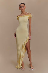 Arielle Off Shoulder Ruffle Midi Dress - Pastel Lemon