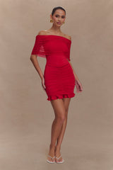 Caspian Slinky And Mesh Off Shoulder Mini Dress - Ruby