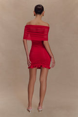 Caspian Slinky And Mesh Off Shoulder Mini Dress - Ruby
