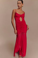 Delaney Slinky And Mesh Maxi Dress - Red
