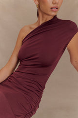 Chloe Peached Jersey One Shoulder Midi Dress - Mahogany