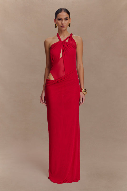 Edwina Knotted Mesh Maxi Dress - Red