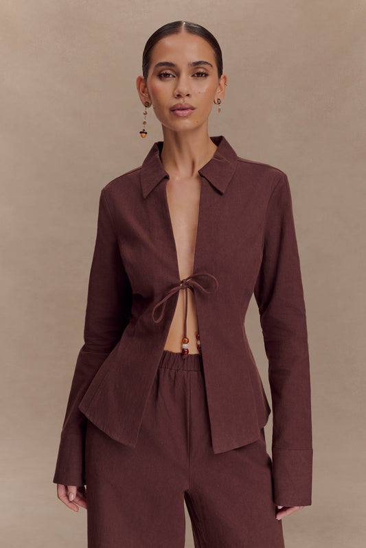 Annalee Cotton Beaded Tie Shirt - Dark Espresso