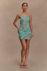 Eloise Hand Beaded Mini Dress - Blue Swirl Print