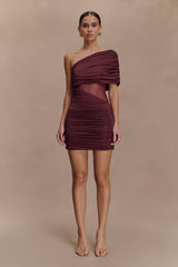Dallas One Shoulder Mesh Mini Dress  - Mahogany