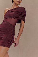 Dallas One Shoulder Mesh Mini Dress  - Mahogany
