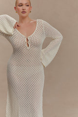 Kayleigh Crochet Fishtail Flare Sleeve Maxi Dress - White