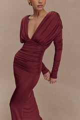 Hayden Long Sleeve Plunge Maxi Dress - Wine