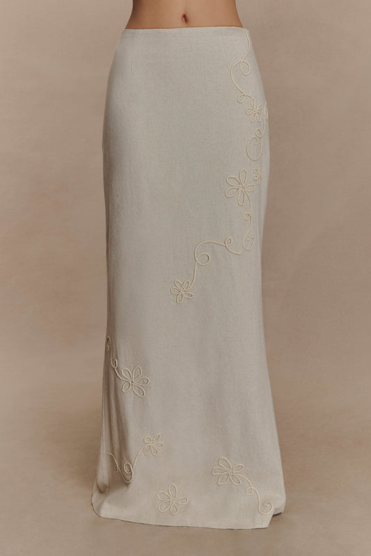 Casey Linen Embroidered Maxi Skirt - Natural