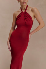 Elyna Slinky Halter Maxi Dress - Deep Red