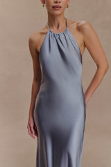 Bella Satin Halter Maxi Dress - Frosted Blue