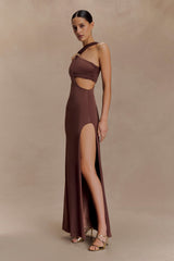 Lottie Slinky Maxi Dress With Split - Chocolate