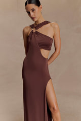 Lottie Slinky Maxi Dress With Split - Chocolate