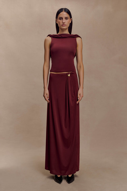 Bridget Slinky Maxi Skirt With Hardware - Burgundy