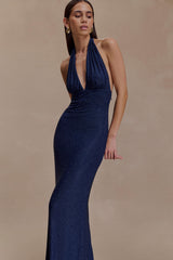 Harriet Halter Neck Diamante Maxi Dress - Navy