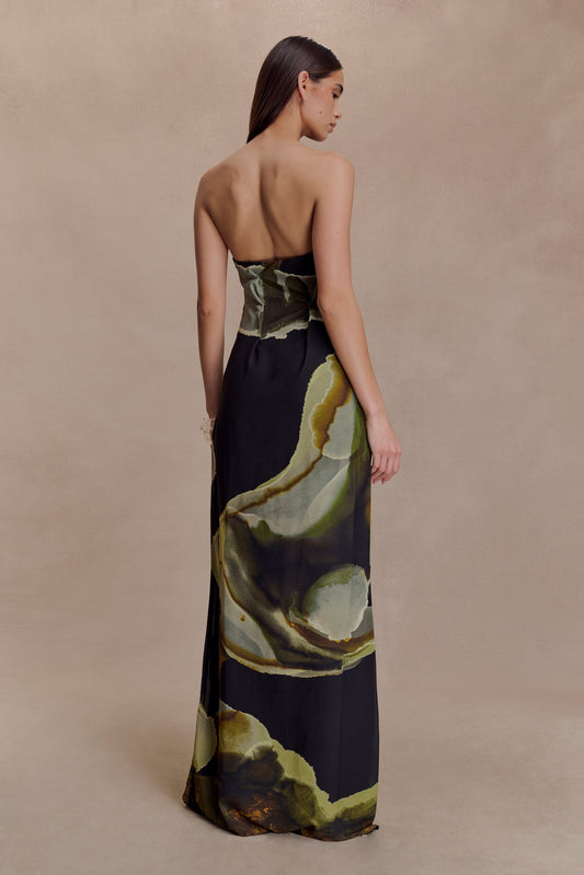Amaya Strapless Chiffon Maxi Dress - Green Fluid Reverie Print
