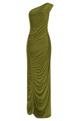 Capri Gathered Slinky Maxi Dress - Vintage Olive