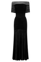 Caspian Slinky And Mesh Off Shoulder Maxi Dress - Black
