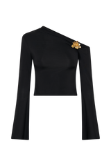 Ainsley Asymmetrical Long Sleeve Top With Floral Hardware - Black