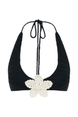 Rhiannon Floral Crochet Halter Bikini Top - Black And White