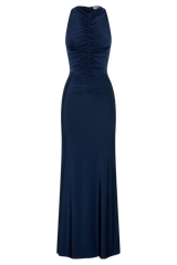 Priya Slinky Ruched Halter Maxi Dress - Navy
