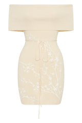 Mallory Off Shoulder Embroidered Knit Mini Dress - Cream And Ivory