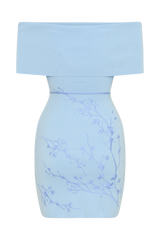 Mallory Off Shoulder Embroidered Knit Mini Dress - Ice Blue