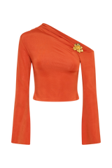 Ainsley Asymmetrical Long Sleeve Top With Floral Hardware - Burnt Orange