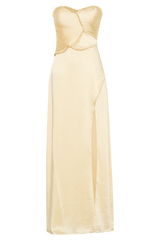 Larissa Satin Maxi Dress With Ruched Petals - Lemon
