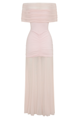Caspian Slinky And Mesh Off Shoulder Maxi Dress - Pale Pink