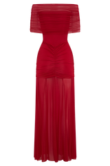 Caspian Slinky And Mesh Off Shoulder Maxi Dress - Ruby