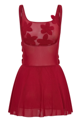 Melanie Mesh Mini Dress With Flowers - Ruby