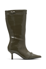 Astra Patent Faux Leather Buckle Boot - Khaki