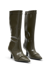 Astra Patent Faux Leather Buckle Boot - Khaki