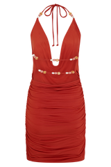 Astraeus Beaded Cowl Mini Dress - Desert Red