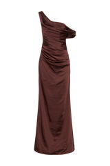 Dalia Off Shoulder Satin Maxi Dress - Dark Chocolate