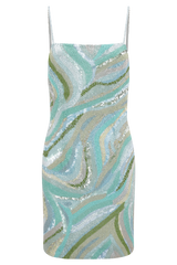 Eloise Hand Beaded Mini Dress - Blue Swirl Print