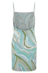 Eloise Hand Beaded Mini Dress - Blue Swirl Print