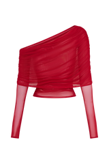 Everly Sheer Mesh Off Shoulder Top - Ruby
