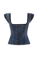 Loretta Cap Sleeve Denim Top - Washed Dark Blue