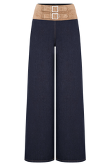 Miranda Faux Suede Belted Denim Wide Leg Jeans - Indigo Blue