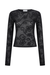 Omari Embroidery Long Sleeve Knit Top - Black