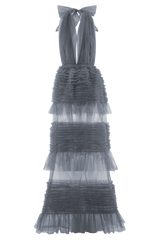 Minka Mesh Ruffle Halter Maxi Dress - Dusty Blue