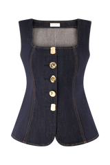 Neve Sleeveless Buttoned Denim Top - Washed Indigo Blue